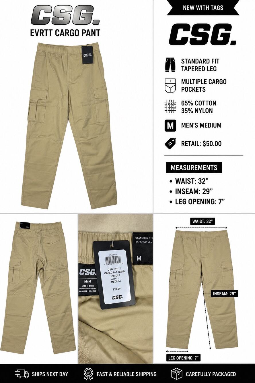 CSG Evrtt Cargo Pants Men’s Medium Tan Standard Fit Tapered Utility NWT